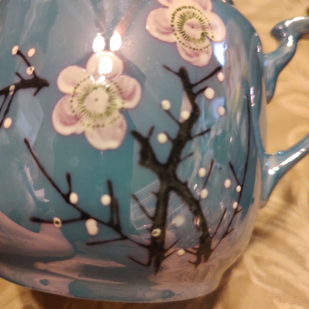 🔹⛩️🔹Gorgeous Antique 1940's Blue Lusterware Cherry Blossom Nippon Sugar Bowl - Picture 5 of 11